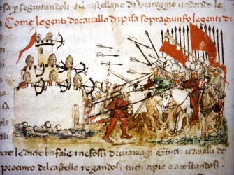 The Knights of Pisa won against the infantry of Lucca in 1397 - in Croniche del Sercambi, around 1400. National Archive, Lucca