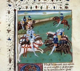 The Knights of the Round Table participating in a chivalrous tournament. Miniature from the manuscript 