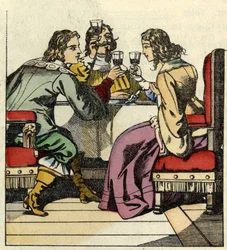 The Marquis of Carabas invites the princess and the king to eat in the castle. Illustration of the tale 