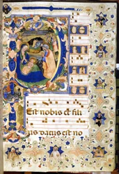 The Nativity represented in a 14th-century choir book. Milan, Biblioteca Nazionale Braidense.