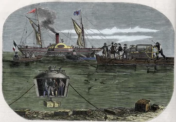 The Nautilus diver bell of Dr. Antoine Prosper Payerne experimented in the Seine, Paris, and then perfected in the United States. Engraving (1858) in Le Monde illustrious