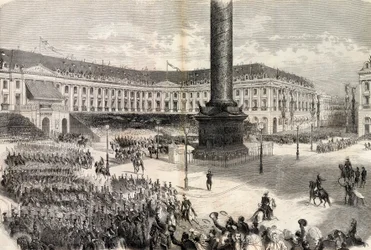 The Paris Fetes, the Army of Italy defiling before the Emperor at the Place Vendome - War of Italy - Return of the troops, Place Vendome, Paris, greetings by Napoleon III