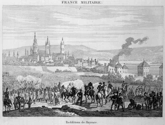 The Prussian troops took over from the French the city of Mainz in Germany, July 1793. Engraving of the 19th century