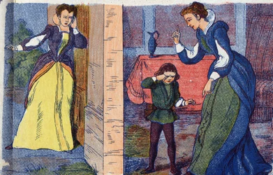 The Queen Mother discovers the retirement of the Queen and her children. Anonymous illustration for 