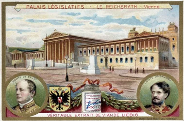 The Reichsrath Palace, Vienna (Austria), with portraits of Count Friedrich Ferdinand de Beust (1809-1886) and Count Gyula Andrassy (1823-1890) - Liebig chromolithography