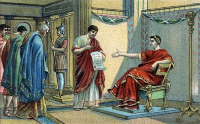 The Roman Emperor Constantine (272-337) established the first religious laws concerning the equality of beliefs. Chromolithography of the late 19th century.