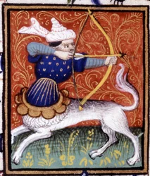The Sagittarius. Miniature of a horoscope. 15th century manuscript. Bibl. Trivulziana, Milan