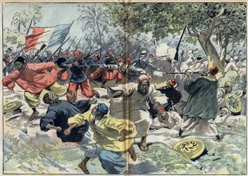 The Sudanese troops of Samory Toure (circa 1835-1900) were placed behind the banks of the Cavalby River by a French colony under Lieutenant Walfel. Sudan, 9 September 1898. Illustration in 