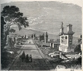 The ancient Appian route, via Appia crossing the Pontine Marshes (Agro Pontino) near Rome. Engraving of the 19th century.