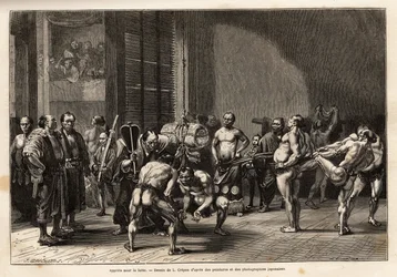The preparations for sumo wrestling, the athletes warm up, stretch, get styled and concentrate before fighting. Engraving to illustrate the journey to Japan, by Aime Humbert, minister of the Swiss Confederation, in 1863-1864, published in 