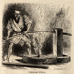 The arcs manufacturer in his workshop, exposes the wood to the flame of a fire of chips, to give them the necessary fold of their curvature. Engraving to illustrate the journey to Japan, by Aime Humbert, minister of the Swiss Confederation, in 1863-1864, p