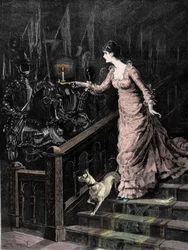 The armory haunted: a young woman descends the steps of a staircase and directs the candle she holds in her hand towards a set of armor. Illustration of the late 19th century