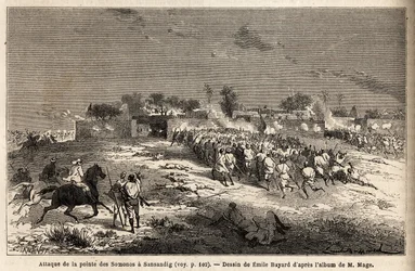 The attack on Sansandig by the army of King Ahmadou (Toucouleur), where fled Bambara took refuge. Engraving to illustrate the voyage to Western Sudan of Lieutenant (Navy) M.Mage, in 1863-1866, published in Le tour du monde, nouveau journal des voyages