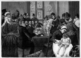 The baby contest. Mothers showing their naked children in front of the jury on Rue du Cloître Notre-Dame in Paris for the election of the most beautiful baby. Engraving in 