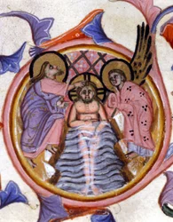 The baptism of Christ in the Jordan by Saint John the Baptist - after a miniature of a 14th century manuscript