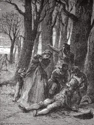 The body of Philippe Lebon, pierced with thirteen stabs at the Champs-Elysées, is raised on the morning of 3 Dec. 1804 - in Album de la Science; illustrious scientists; Grandes discoveries 1896