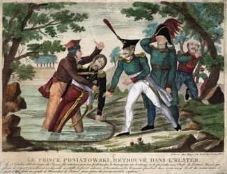 The body of Prince Joseph Antoni Poniatowski found in the Eelster River on 23 October 1813, engraving of the time
