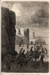 The caravan of the Hajis in Korantaghi, Persia. Drawing by Emile Bayard, to illustrate the journey to Central Asia, in 1863, by Arminius Vambery. Engraving in 