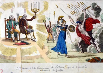 The century of the Lumières: philosophers Jean Jacques Rousseau and Voltaire illuminate the people - allegory from the past to the present