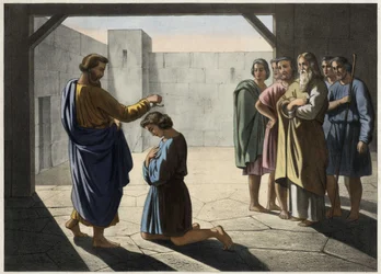 The coronation of David: Samuel designates David as king of Israel. Anonymous engraving of the 19th century