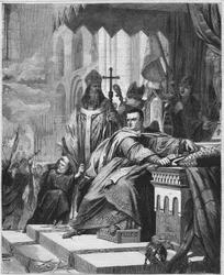 The coronation of William I the Conqueror (1027 to 1087) in 1066. Duke of Normandy (1035 - 1087) and King of England (1066 - 1087). Engraving of the 19th century.