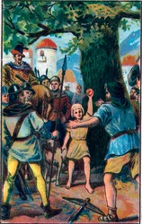 The crossbow. William Tell (legendary hero of Swiss independence). Chromolithography of the late 19th century.