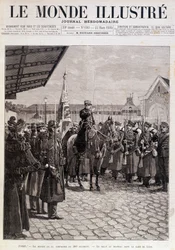 The departure of the Company of the 200th Regiment. Greeting to the flag in the Gare de Lyon. 