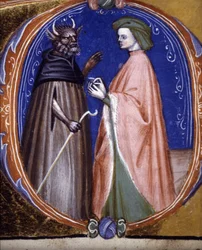 The encounter with the Demon. 14th century manuscript. Biblioteca comunale di Rimini