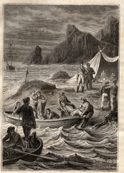 The expedition to the southern lands (1800-1803) by Nicolas Baudin (1754-1803): the sick of scurvy were transported ashore in the Bay of Adventure (Tasmania, Australia) - illustration taken from 