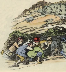 The brothers of Little Thumb hide in a hollow rock to escape the ogre. Illustration of the tale 