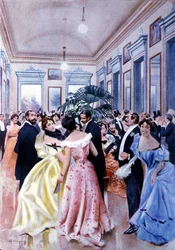 The foyer of the theatre of La Scala (Teatro alla Scala) in Milan. 1890