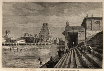 The ghaut or sacred pond of the Chillambaran Pagoda, located on the Gulf of Bengal, near Pondichery (Pondicherry) (India); some fideles descend the monumental staircase to take a bath or perform cleansing ablutions. Engraving to illustrate an expedition to
