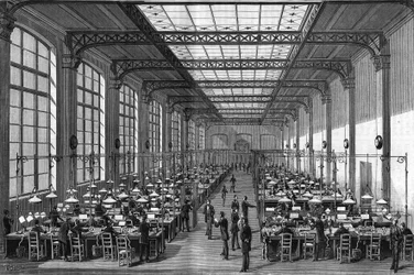 The Grand Hall on the First Floor of the New Central Telegraph Station in Paris in 1884. Engraving from 1884. in 