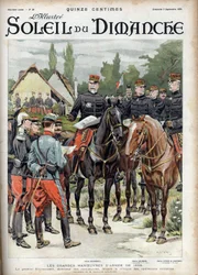 The great maneuvers of the 1899 army. General Giovaninelli, director of manoeuvres, criticizing military operations. Engraving in Le sun-du-dimanche, on 3 September 1899
