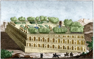 The hanging gardens of the legendary queen Semiramis in Babylon, one of the seven wonders of the world. Engraving from 1829 in “Old History” by Rollin.