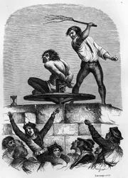 The hunchback Quasimodo at the pillory. Illustration of Victor Hugo