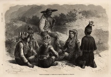 The indigenous population of Xieng Hong (Laos) in traditional costumes. Engraving illustrating a voyage of exploration in Indochina by Francis Garnier, published in 