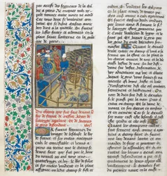 The judicial combat of Jacques le Gris and Jean de Carrouges. Floral border.