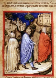 The Flight of Lot and His Wife Turned into a Salt Statue for Looking Back. Miniature from Codex 212 (or Padovano Codice or Bible of Padua) 1390-1400 Rovigo, Accademia dei Concordi