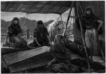 The Manufacture of Carpets by Nomadic Women of Persia. Engraving in the Journal La Jeunesse