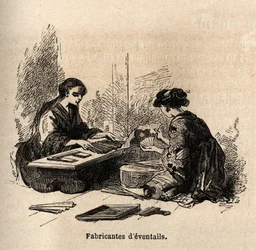 The manufacture of fans. Engraving to illustrate the voyage to Japan in 1863-1864, by Aime Humbert, minister of the Swiss Confederation, in 