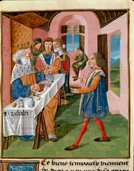 The meal of the King of Sicily, Agathocles. Miniature from “The Book of Good Manners” by Jacques Legrand (1360-1415/1418), dedicated to John, Duke of Berry