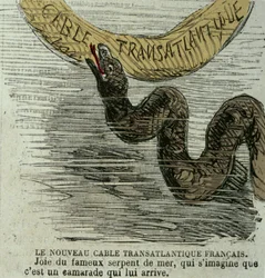 The New French Transatlantic Cable - Joy of the Famous Sea Snake. Humorous Drawing on the Giant Sea Snake and the Transatlantic Cable Laid in 1858. Era Engraving