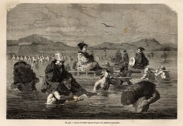 The passage of a ford, with presentation of the modes of carrying passengers and luggage. Engraving to illustrate the voyage to Japan, in 1863-1864, by Aime Humbert, minister of the Swiss Confederation, in 