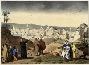 The pilgrims arrive at the city of Jerusalem. Anonymous engraving from the mid-19th century - in 