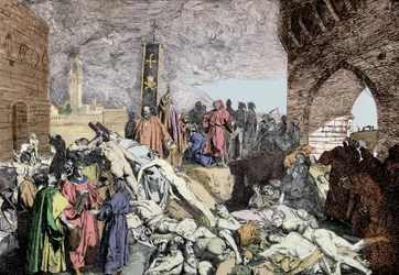 The plague of 1348 in Florence (Italy). At the bottom left, with a wreath of Laurier, Petrarch, Italian poet and humanist of the renaissance, talks with other people.