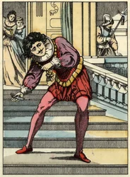 The prince picks up the glass shoe by Cinderella. Illustration of Charles Perrault