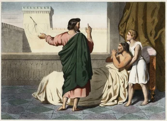 The prophet Isaiah announces his healing to Hezekiah: the sign will be to push back the shadow of the clock by ten degrees on the dial of Ahaz. Anonymous engraving from the middle of the 19th century.