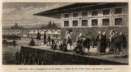 The quay and warehouses of rice shops in Taikoun (time sovereign of Japan), on the Ogawa River (which crosses Edo, present-day Tokyo). Engraving to illustrate the journey to Japan, by Aime Humbert, minister of the Swiss Confederation, in 1863-1864, publish