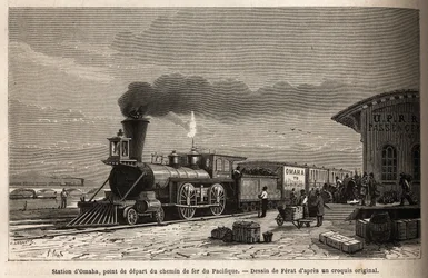 The Railway at Omaha Station (Nebraska), Starting Point of the Lines Leading to the Pacific. Engraving for Illustration of the Journey to the American Far West, by M. L. Simonin, 1867, Published in 